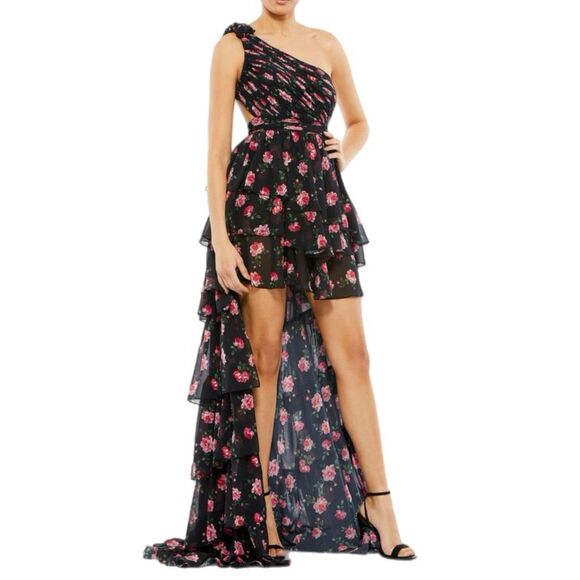 NWT Mac Duggal one-shoulder, high-low black gown with a red/pink floral print. - Picture 2 of 15